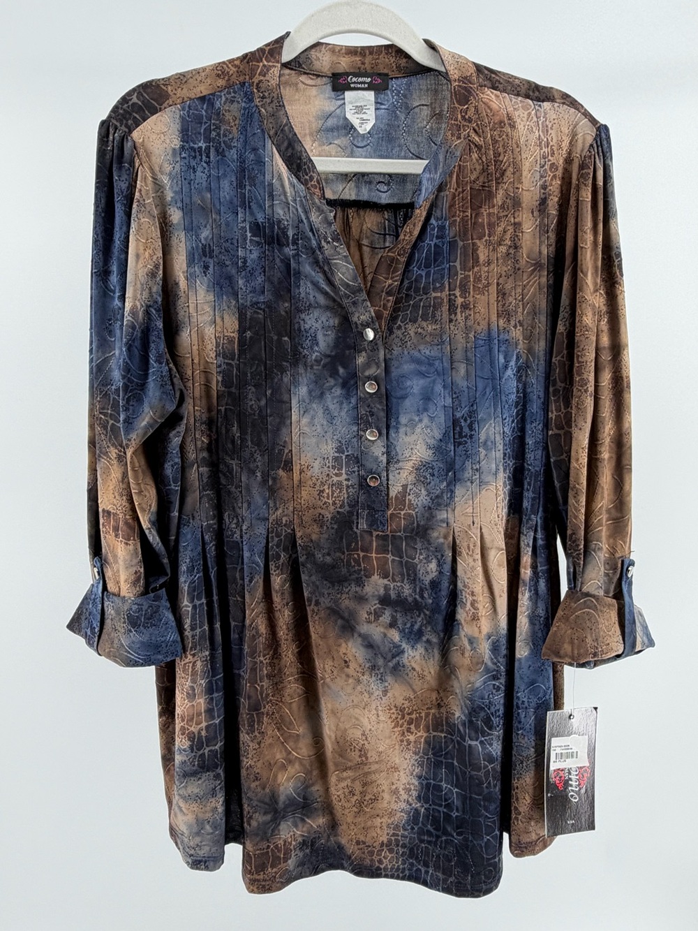 NWT Cocomo Blue Brown Textured Cuffed Tab Sleeve Blouse Top, Women's 2X
